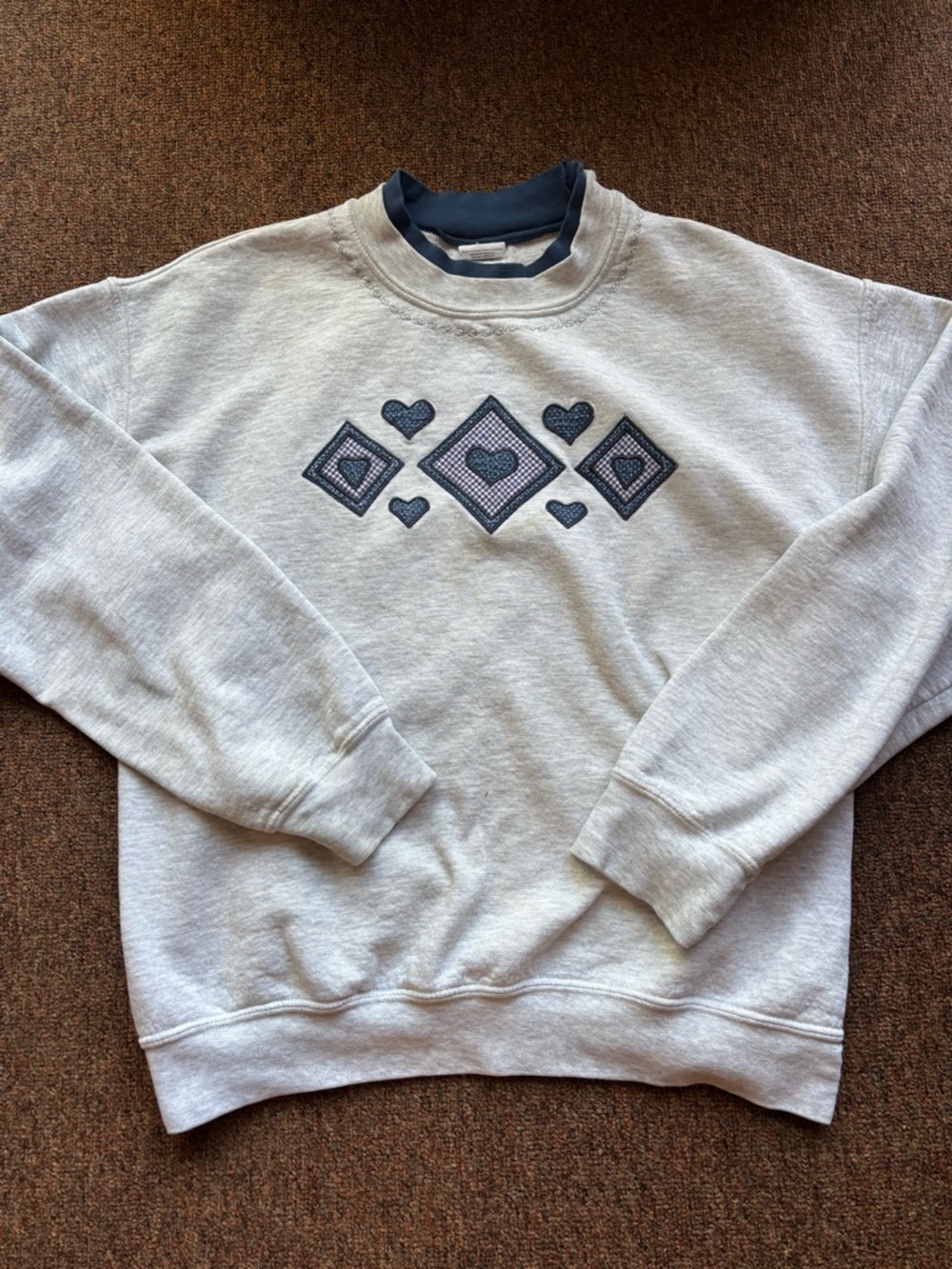 Light Gray Crewneck Sweater with Navy Heart & Diamond Embroidery